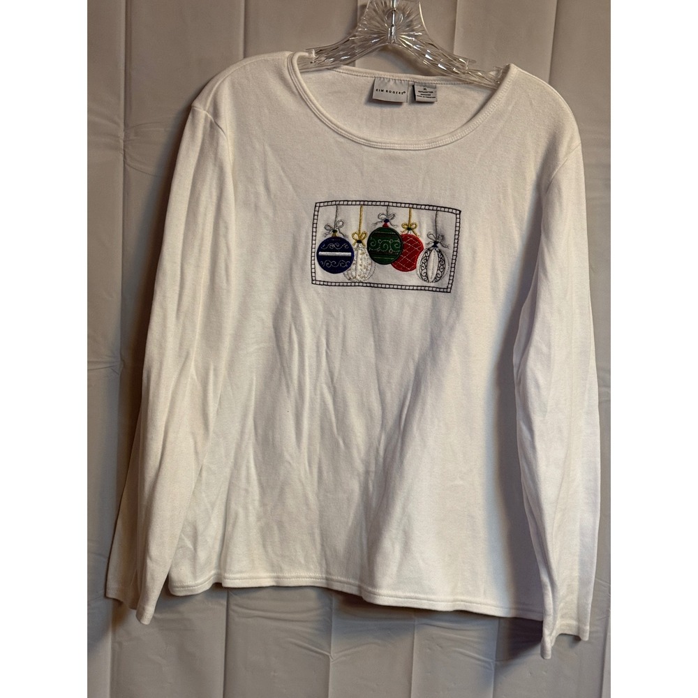 Kim Rogers Women's Christmas Ornament‎ Embroidered Holiday Long Sleeve Top XL